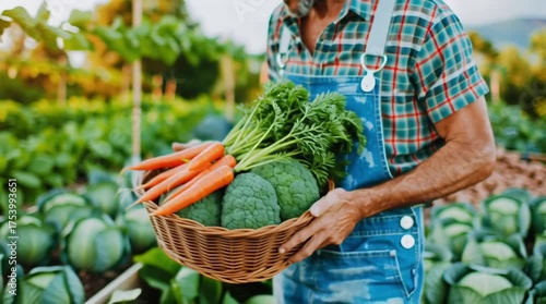 Farmer holding basket of fresh organic vegetables. Man harvesting carrots and broccoli in a vibrant garden.