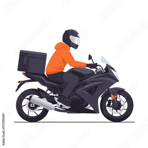 Delivery person on black sport motorcycle with cargo box, side view illustration.