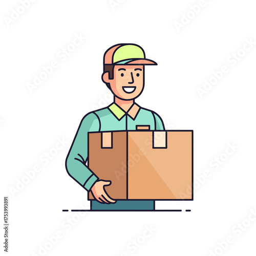 Smiling delivery man holding large cardboard box, minimalist illustration.