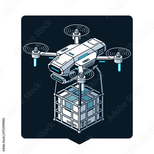 Isometric drone delivering cargo crate, futuristic logistics concept illustration.