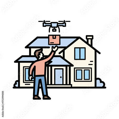 Man receiving drone delivered package at home, automated delivery illustration.