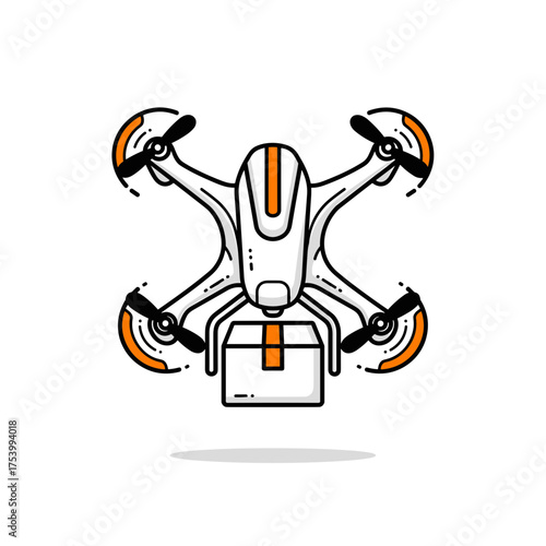 Stylized drone carrying a package with orange details, representing futuristic aerial delivery and logistical solutions.