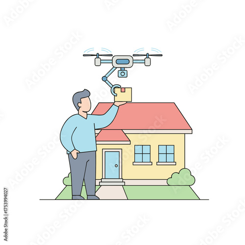 Robotic arm drone delivering package to a man at his house, showcasing advanced aerial logistics and automation.