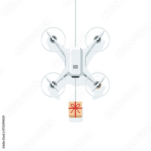 Drone descending with a gift-wrapped package on a rope, illustrating special occasion delivery and aerial presents.