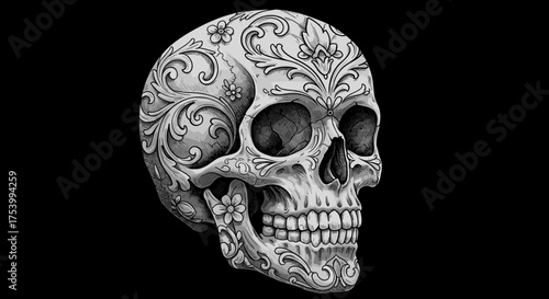 Ornate and Detailed Skull Illustration with Intricate Floral and Swirl Patterns