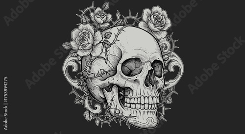 2D tattoo design of human skull with ornamental floral decorations, gothic line art, black and grey style, detailed and symmetrical composition.