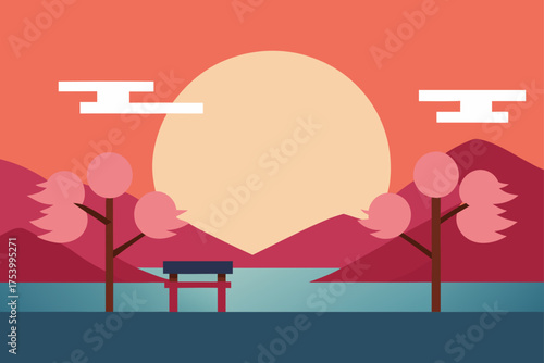 Japanese landscape with torii gate cherry blossoms and setting sun