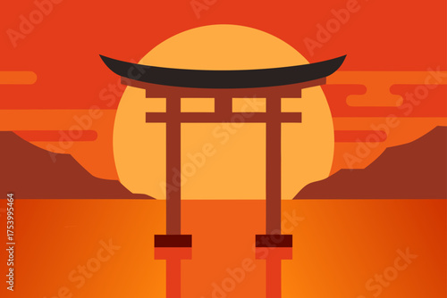 Japanese torii gate silhouette at sunset over water