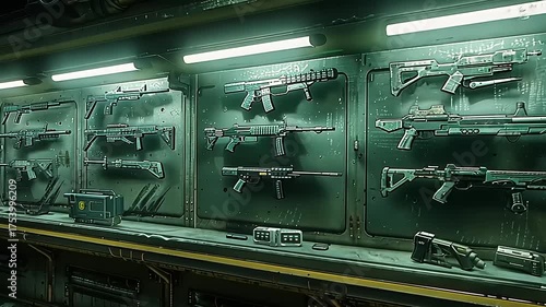 Futuristic Weapon Arsenal: A Collection of Sci-Fi Firearms on Display in a High-Tech Armory
