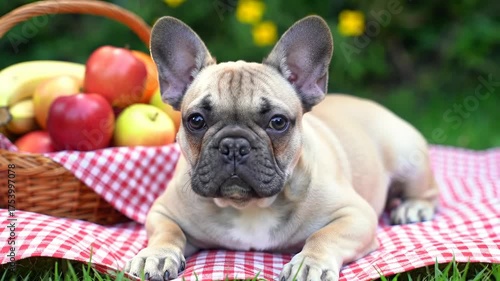 Adorable French Bulldog Puppy Relaxing on a Picnic Blanket Surrounded by Fruits