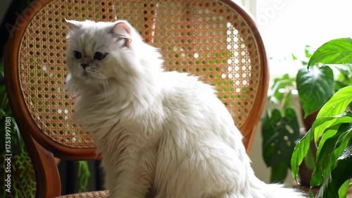 Fluffy White Persian Cat Sitting on a Wicker Chair with Lush Green Plants in the Background