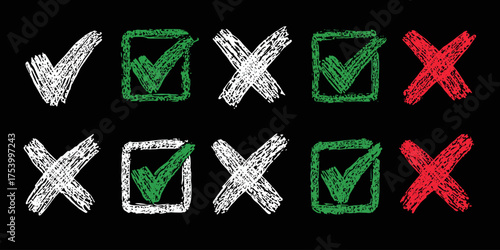 Hand-drawn Grunge Checkmarks and Crosses in White, Green, and Red