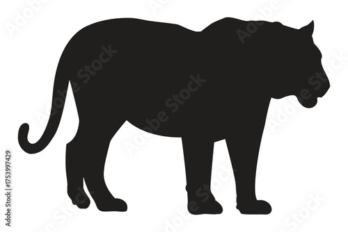 A powerful wild cat illustration, standing still in profile, depicting a tiger, lioness, or large feline predator