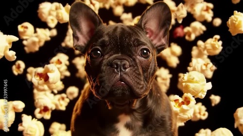 Playful French Bulldog puppy surrounded by a cheerful burst of flying popcorn, creating a dynamic and adorable scene for pet and snack-themed enjoyment
