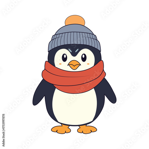 Cute penguin in winter hat and scarf.