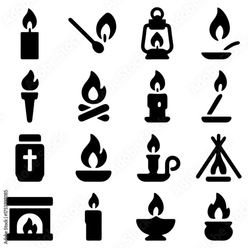 Burning Icons: A collection of stylized icons showcasing various forms of fire, from a simple candle flame to a blazing bonfire, each representing light and warmth.