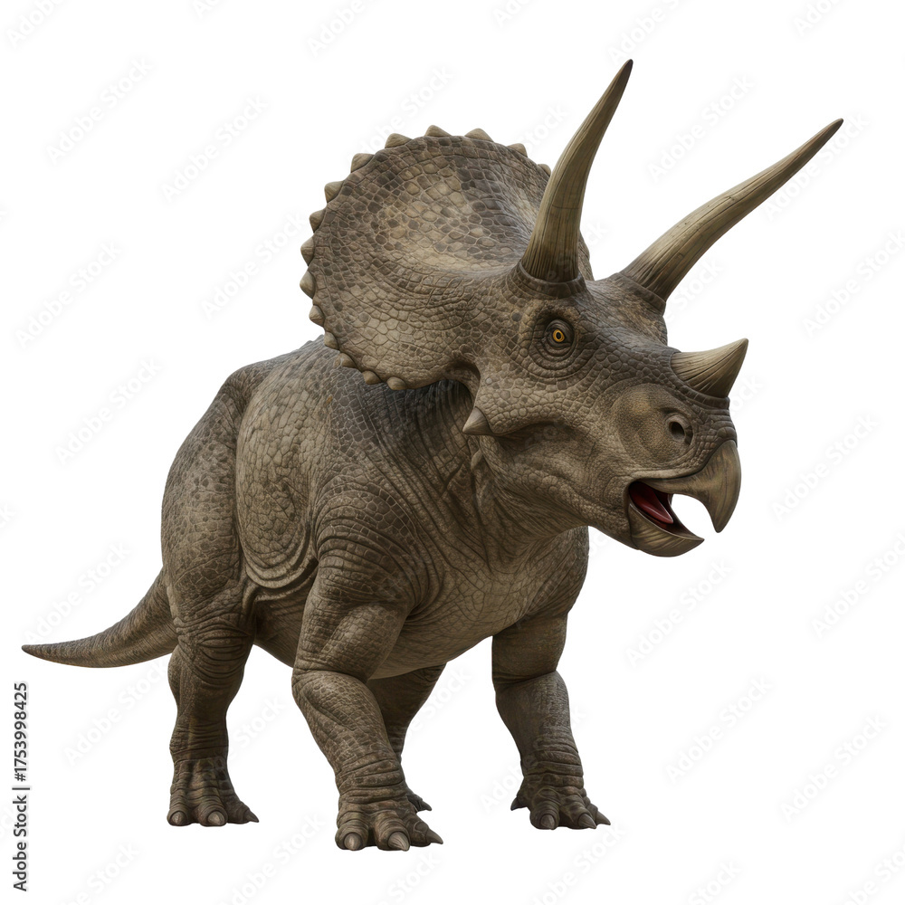 Fototapeta premium 3d render of triceratops dinosaur with open mouth and textured gray skin, Isolated on transparent background, png