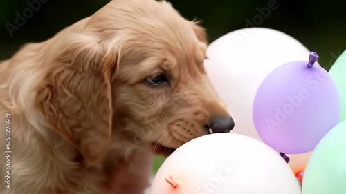 Adorable golden retriever puppy playing with colorful balloons on a sunny day