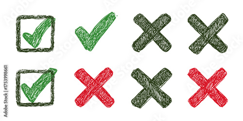 Set of hand-drawn sketchy checkmarks and crosses. Green ticks and red X marks for yes and no, approval and rejection symbols.