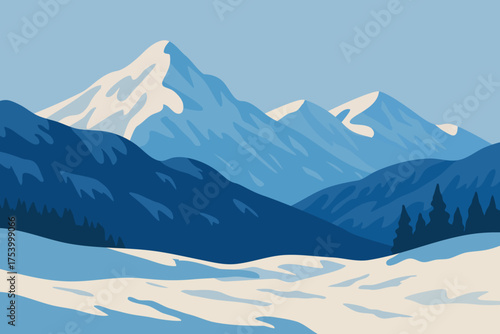 blue winter mountain landscape, solitude ice cold landscape, holiday travel vacation background 