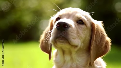 Cute Puppy Adoration A Heartwarming Beagle Gazing Upwards into the Sunlight