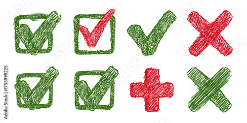 A collection of hand-drawn green and red validation symbols: checkmarks, crosses, and a plus sign.