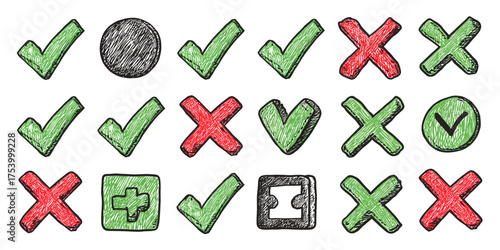 Hand-Drawn Check Marks, Crosses, and Symbols in Green, Red, and Black