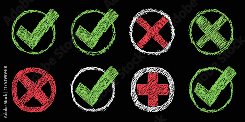 Hand-drawn Scribbled Green Checkmarks, Red Crosses, and Plus Sign Icons in Circles