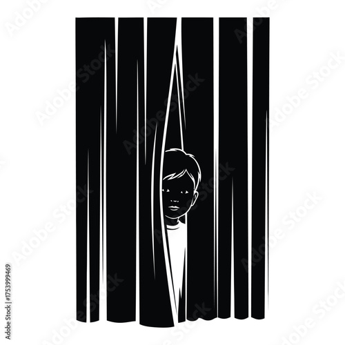 Mysterious face peeking through dark vertical stripes creates intrigue and suspenseful atmosphere