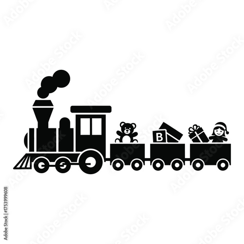 Charming christmas train silhouette with festive gifts and a teddy bear delivery service