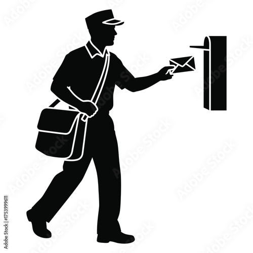 Silhouette of a mail carrier delivering mail to a mailbox with a satchel bag