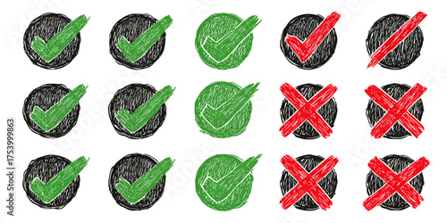 Hand-drawn Check Marks and Crosses in Scribbled Circles