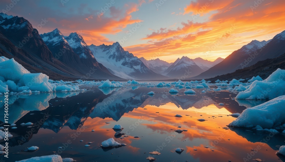 Obraz premium Scenic glacier landscape reflecting in calm water majestic mountains in the background a serene arctic vista at sunset