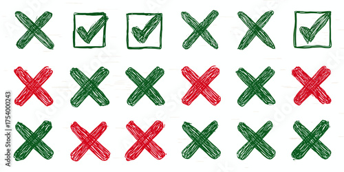 Hand-drawn Green Checkmarks and Red/Green Crosses with Sketchy Texture