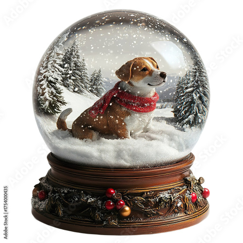 Front view of a realistic snow globe featuring a dog playing in the snow with a red scarf isolated on a white transparent background.