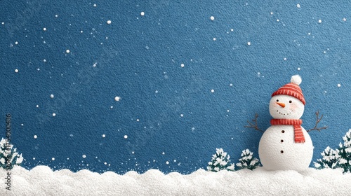 Blue winter background with white snow border and cheerful snowman in right corner, festive seasonal design for Christmas and New Year themes, cold frosty atmosphere with clean minimal composition