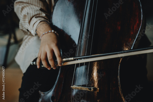Close up detail of musician playing cello in orchestra rehearsal