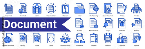 Minimalist Document line blue icons set with editable stroke, featuring:  Document,Download,Archive,Document Flow,Clipboard,Folder,File Processing,Legal Document,Writing,Shredder,Success,New Document