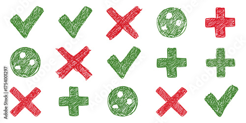 Hand-drawn scribble icons set with green checkmarks, red crosses, plus signs, and buttons.