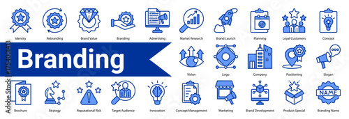 Minimalist Branding line blue icons set with editable stroke, featuring:  Identity,Rebranding,Brand Value,Branding,Advertising,Market Research,Brand Launch,Planning,Loyal Customers,Concept,Vision,Logo