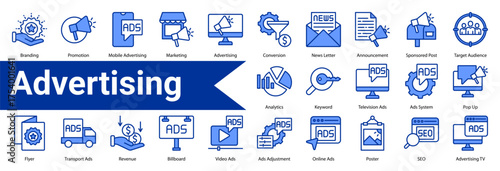 Minimalist Advertising line blue icons set with editable stroke, featuring:  Branding,Promotion,Mobile Advertising,Marketing,Advertising,Conversion,News Letter,Announcement,Sponsored Post,Target