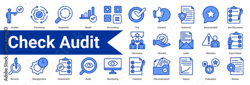 Minimalist Check Audit line blue icons set with editable stroke, featuring:  Auditor,Processing,Inspection,Result,Accounting,Tick,Consent,Authentic,Recomended,Test Document,Discussion,Verivied,Letter