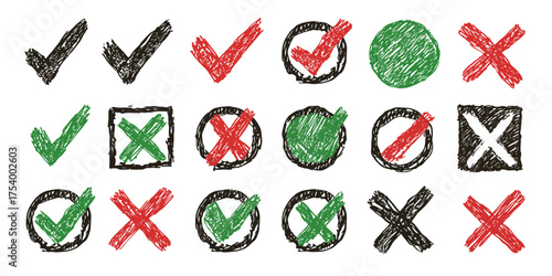 Collection of hand-drawn scribble check and cross marks. Sketchy red, green, and black icons for yes, no, vote, and choice concepts.