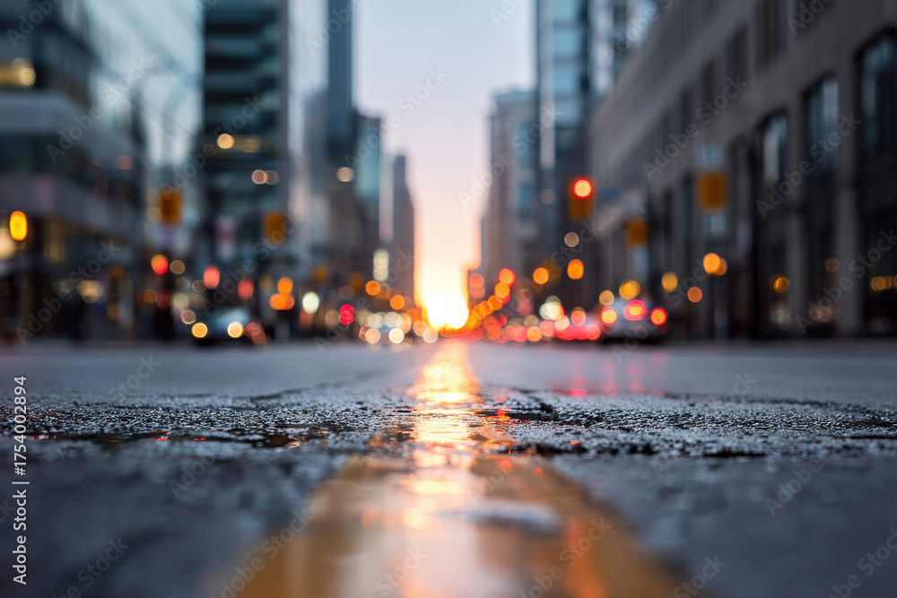 Naklejka premium Defocused city street at sunrise with light reflections for Zoom backdrop
