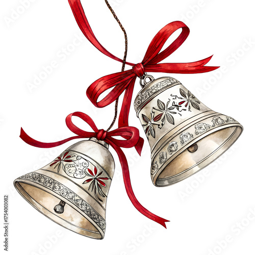 Two ornate silver bells adorned with red ribbons