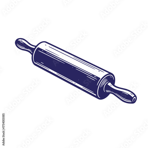 A detailed vintage art illustration of a classic wooden rolling pin for baking