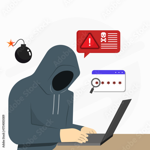Hacker stealing personal data. Concept of cyber attack, fraud and malware. Cybercrime with laptop. 