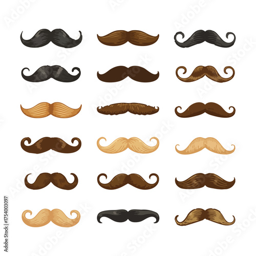 Collection of fifteen diverse mustache styles in various brown and black shades moustaches