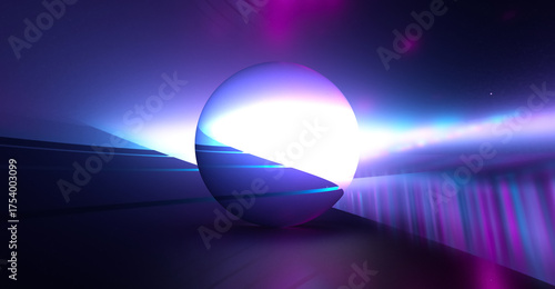 Dark abstract background. Transparent neon ball.