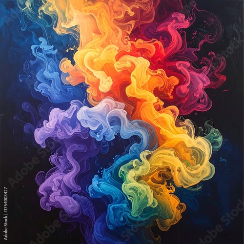 Abstract artwork showcasing a vibrant explosion of colorful smoke or ink swirls against a dark background
